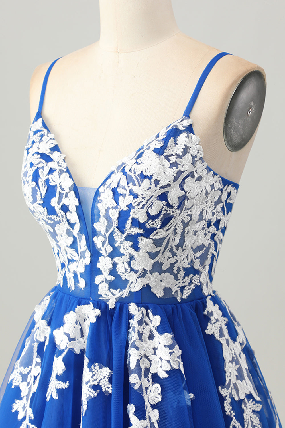 Royal Blue A-Line Spaghetti Straps Tulle Short Prom Dress with Lace Up Back