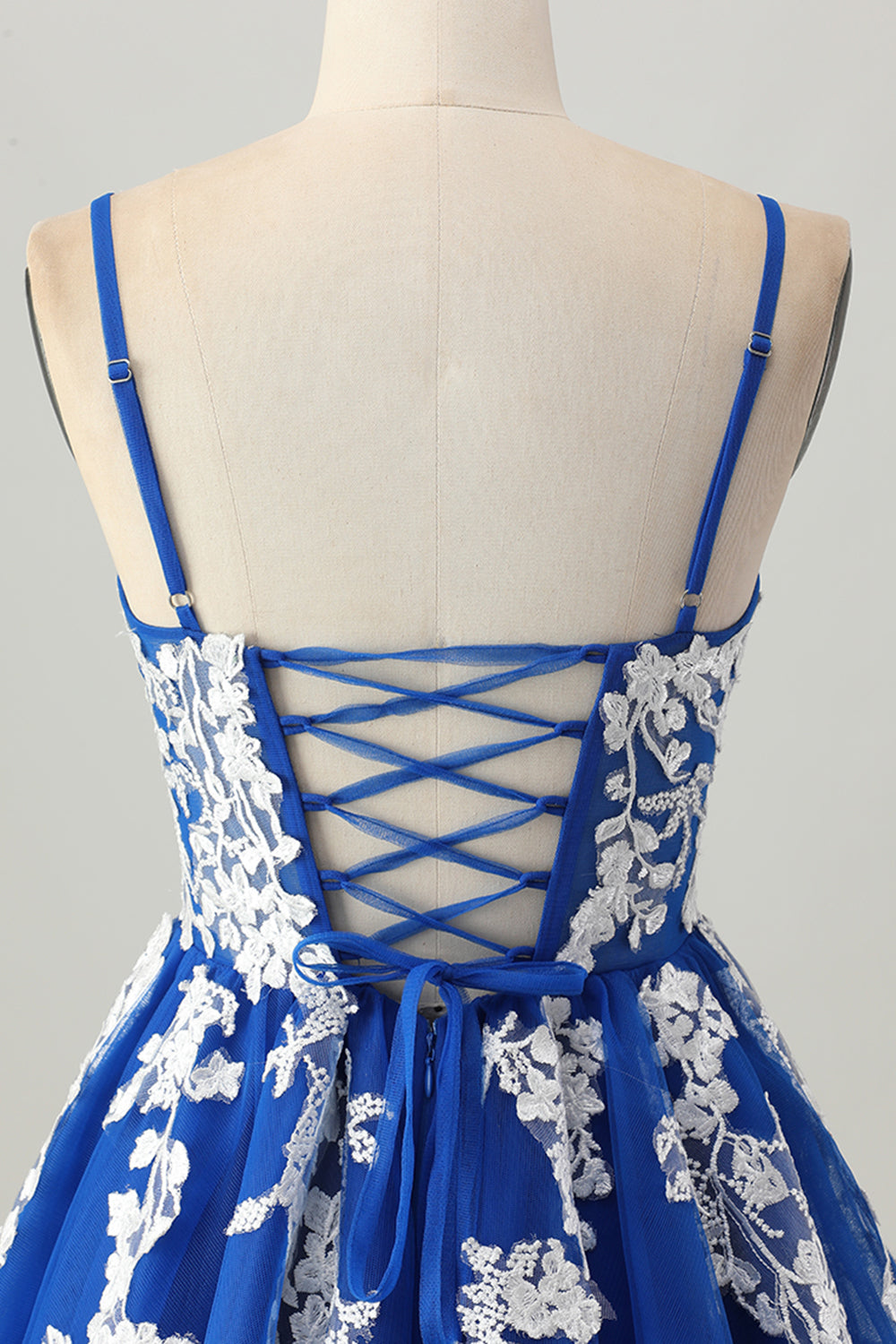 Royal Blue A-Line Spaghetti Straps Tulle Short Prom Dress with Lace Up Back