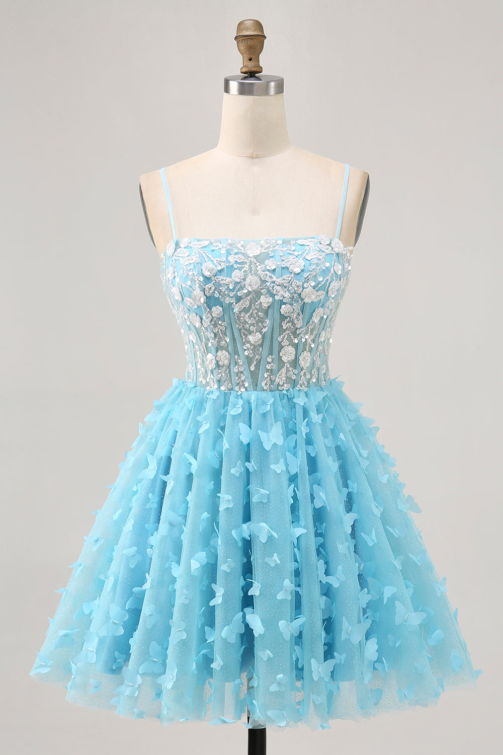 Blue A Line Appliques Butterfly Corset Cocktail Dress