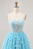 Blue A Line Appliques Butterfly Corset Cocktail Dress