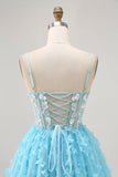 Blue A Line Appliques Butterfly Corset Cocktail Dress