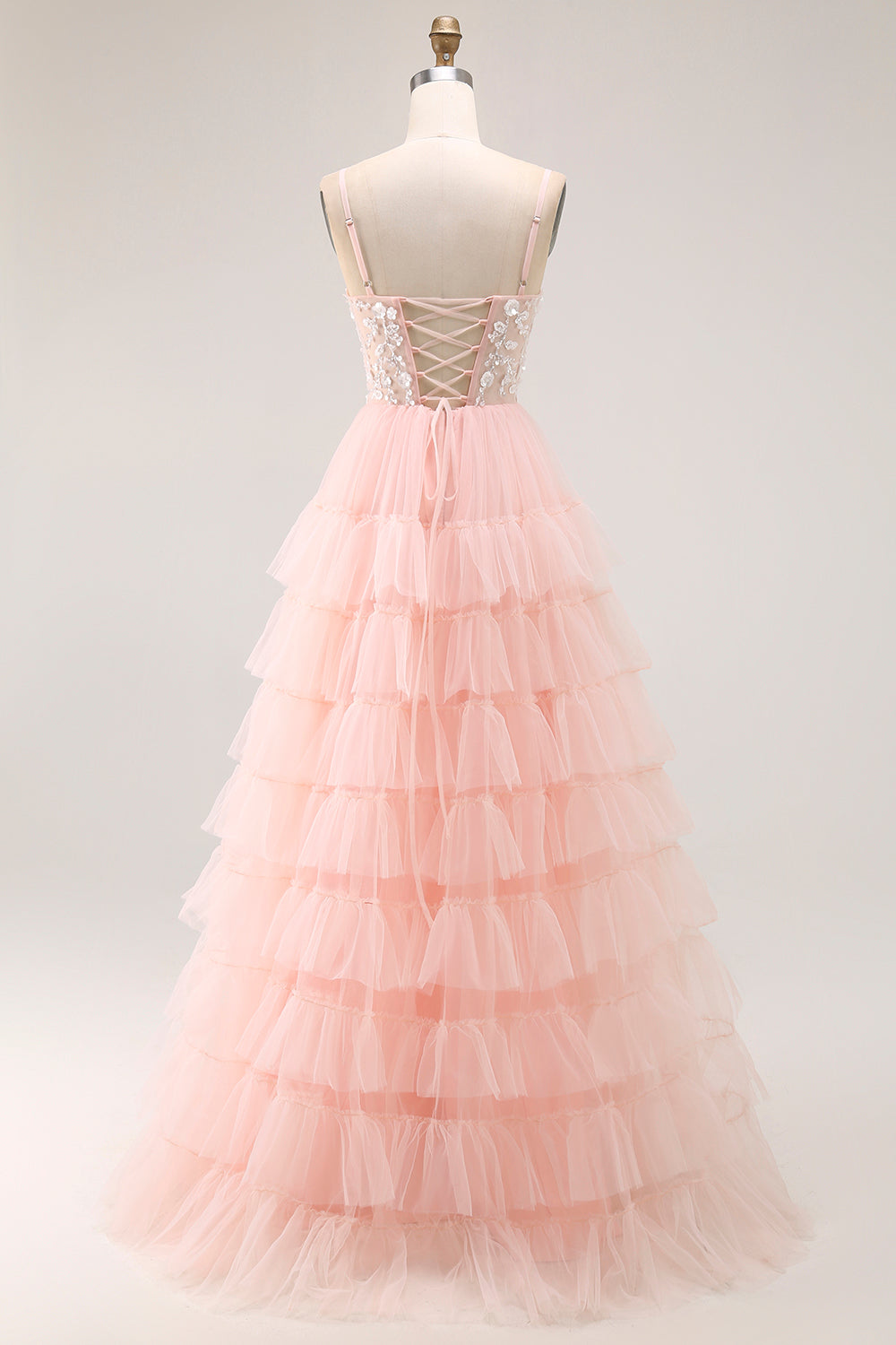Blush A Line Corset Sequins Tiered Ruffle Long Prom Dress with Appliques