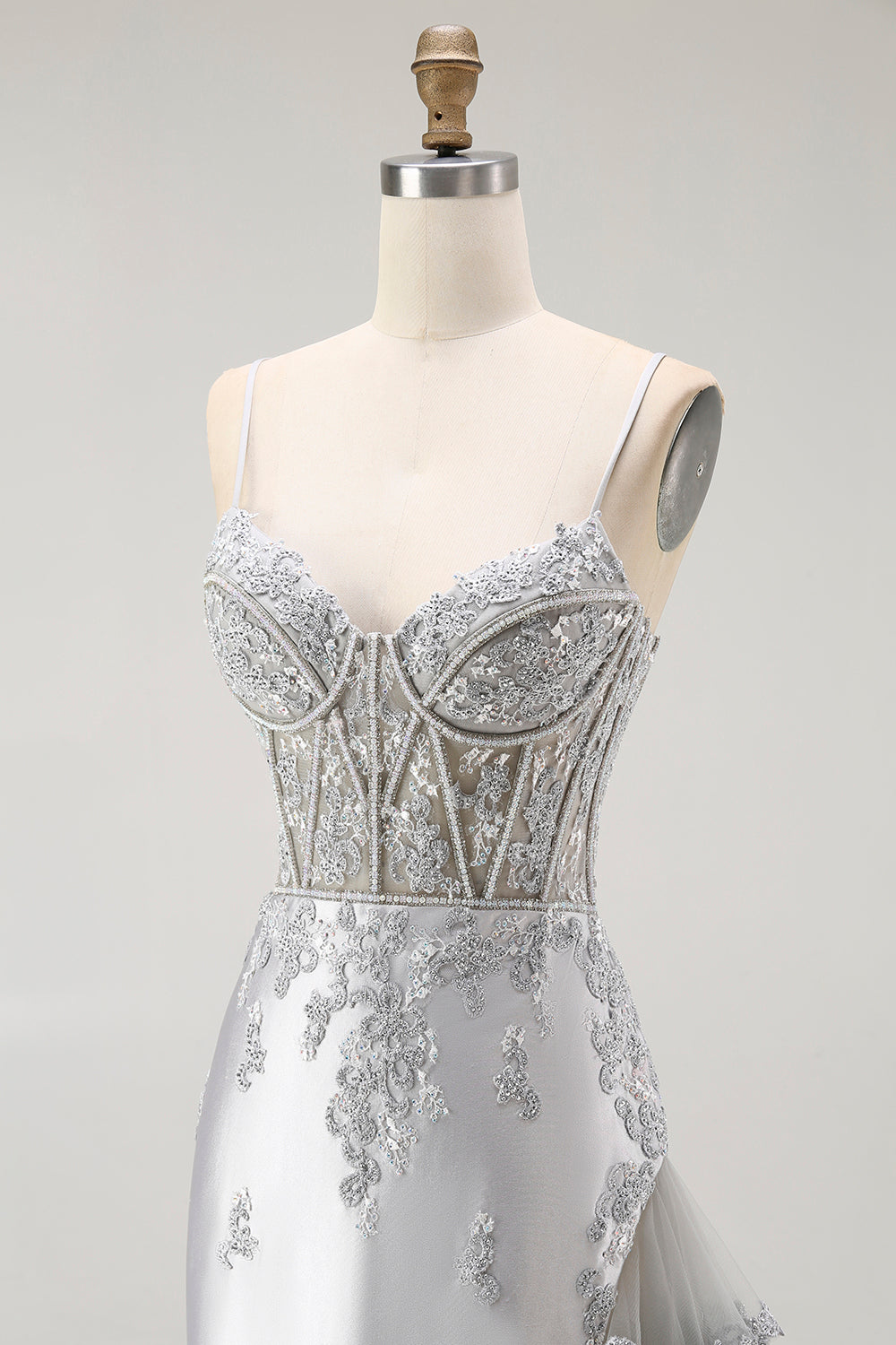 Silver Sheath Spaghetti Straps Beaded Corset Long Prom Dress with Appliques