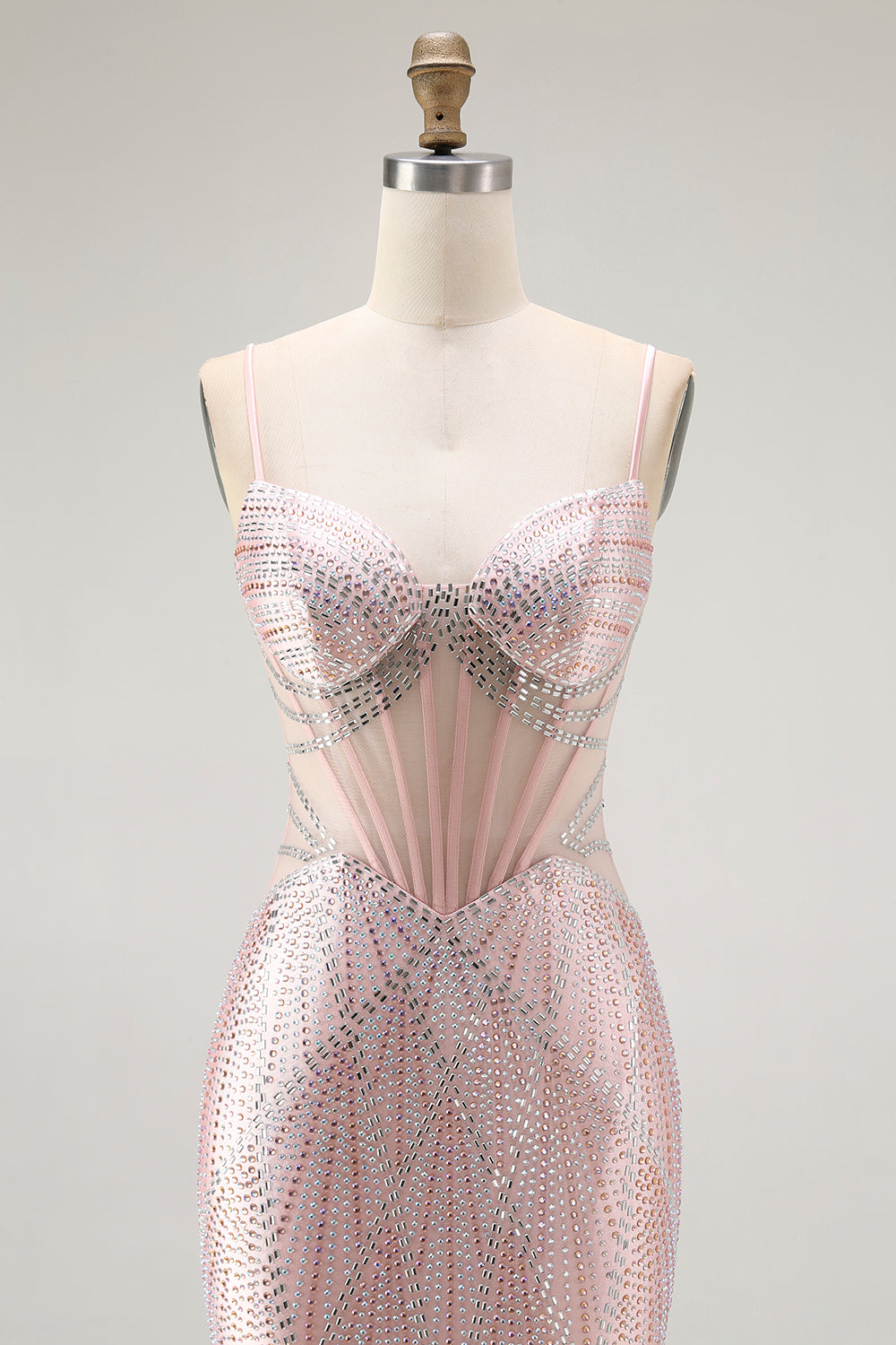 Blush Mermaid Corset Beaded Long Prom Dress with Lace Up Back