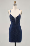 Dark Blue Beaded Spaghetti Straps Bodycon Cocktail Dress