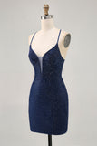 Dark Blue Beaded Spaghetti Straps Bodycon Cocktail Dress