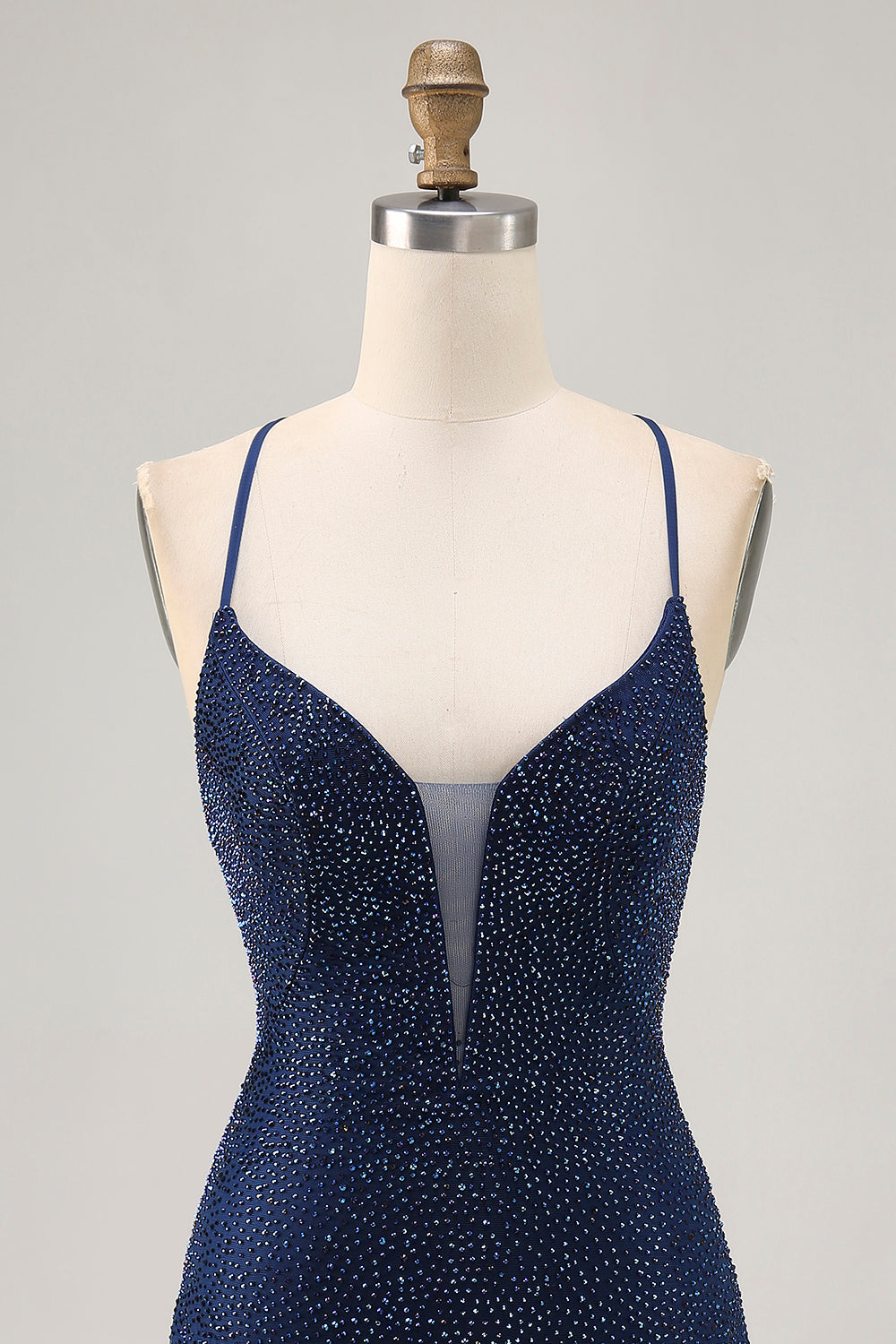 Dark Blue Beaded Spaghetti Straps Bodycon Cocktail Dress
