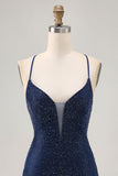 Dark Blue Beaded Spaghetti Straps Bodycon Cocktail Dress