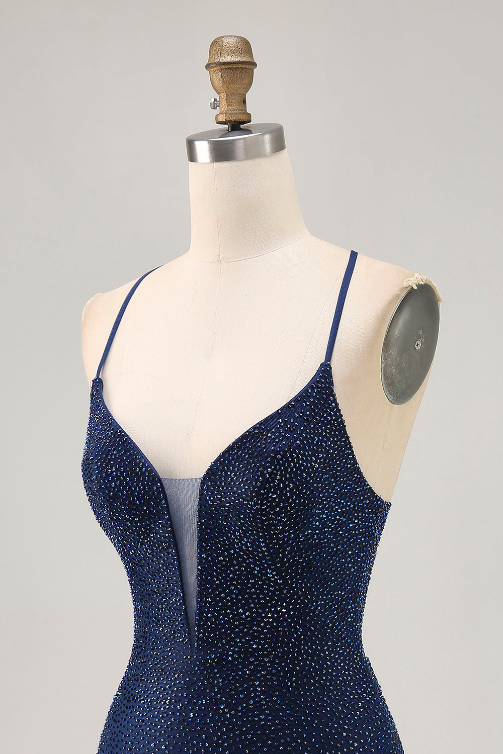 Dark Blue Beaded Spaghetti Straps Bodycon Cocktail Dress