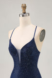 Dark Blue Beaded Spaghetti Straps Bodycon Cocktail Dress
