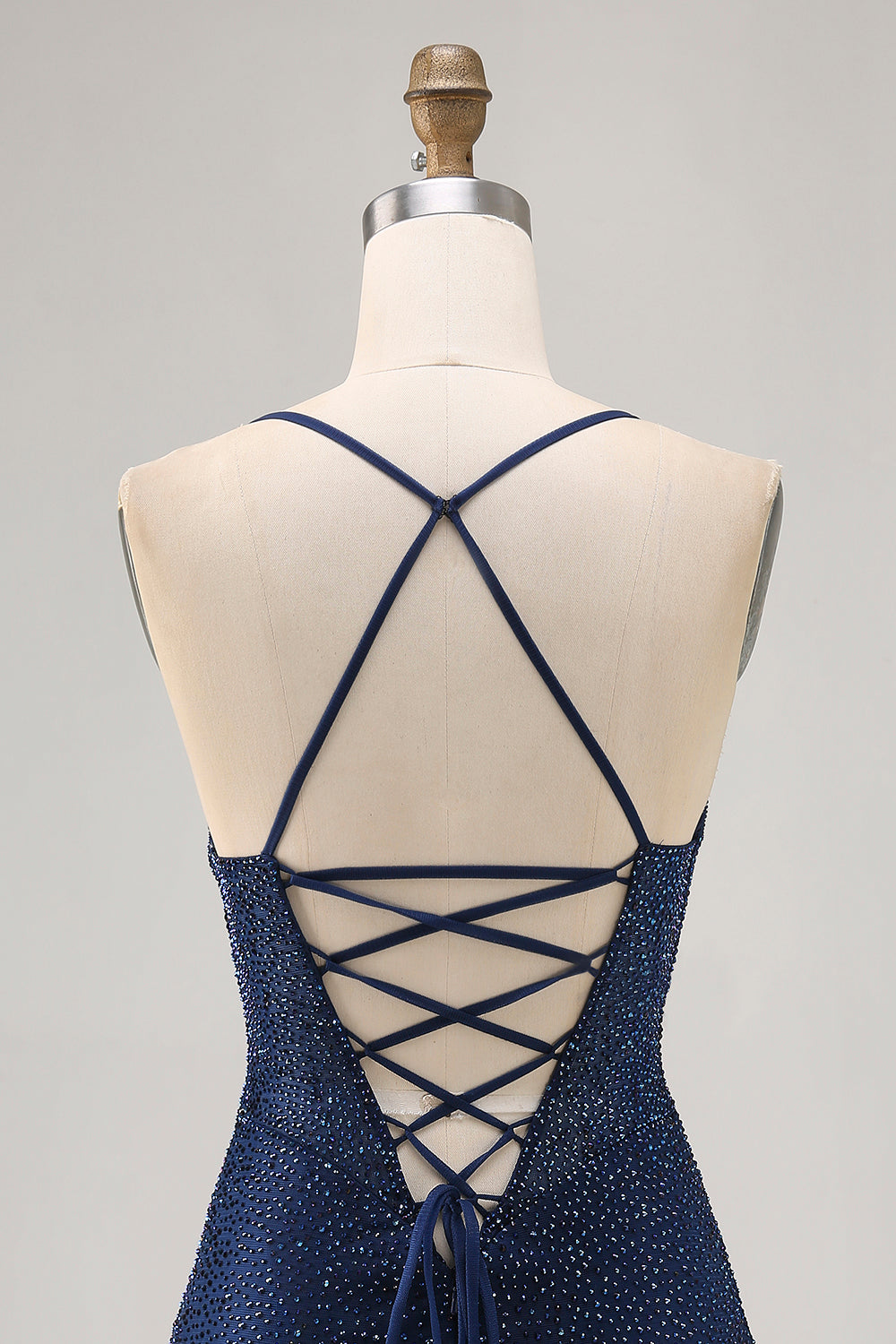 Dark Blue Beaded Spaghetti Straps Bodycon Cocktail Dress