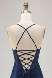 Dark Blue Beaded Spaghetti Straps Bodycon Cocktail Dress