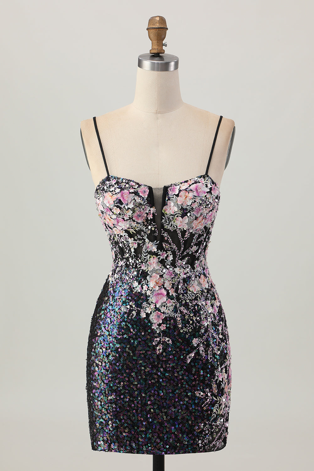 Sparkly Black Pink Flower Bodycon Corset Cocktail Dress with Sequins