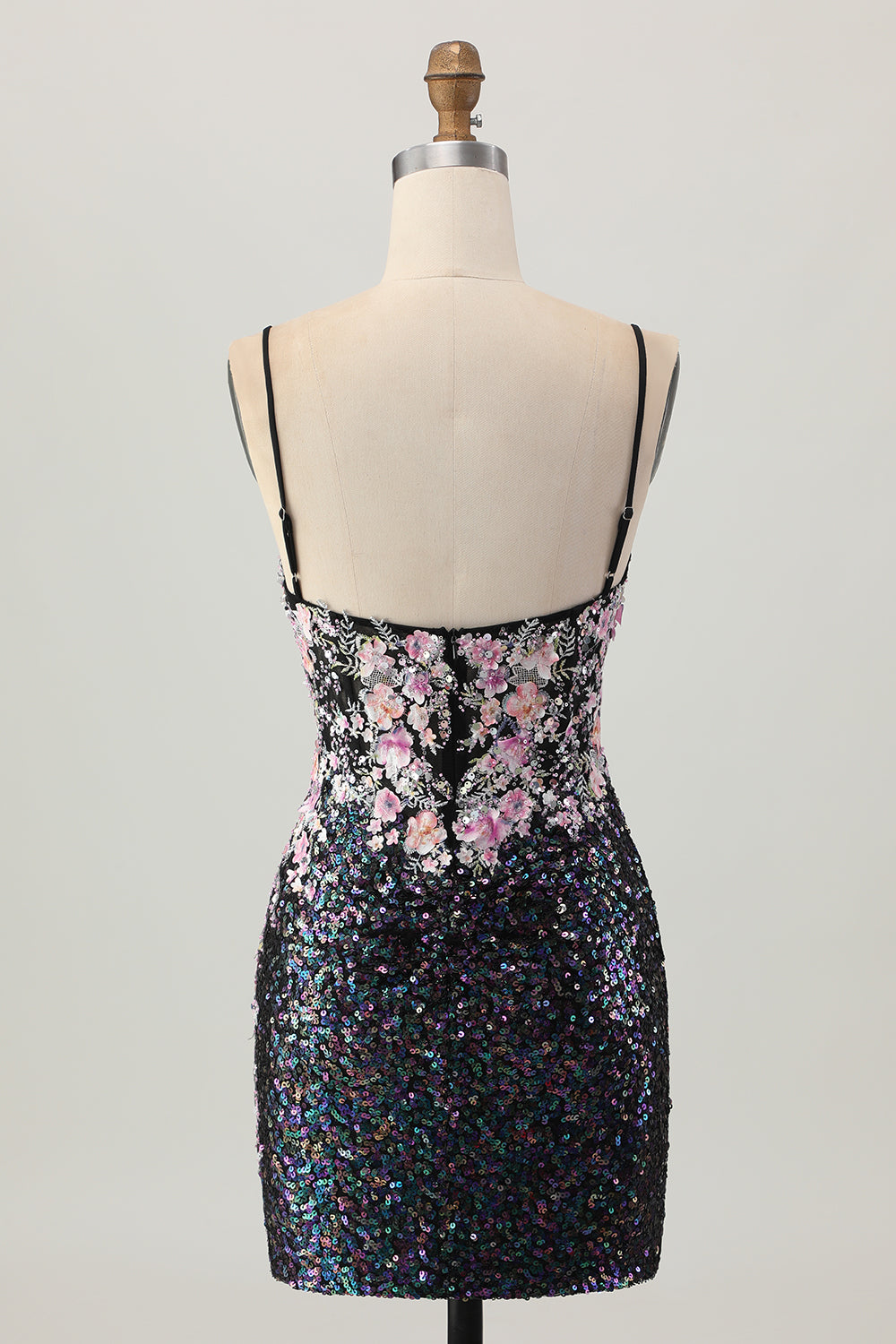 Sparkly Black Pink Flower Bodycon Corset Cocktail Dress with Sequins