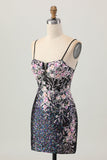 Sparkly Black Pink Flower Bodycon Corset Cocktail Dress with Sequins