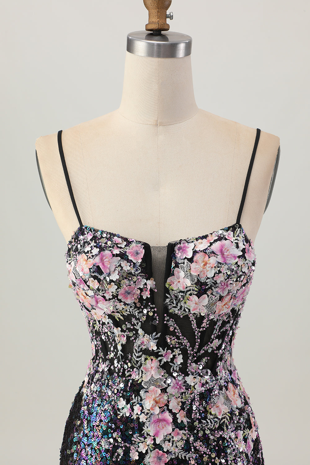 Sparkly Black Pink Flower Bodycon Corset Cocktail Dress with Sequins