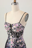 Sparkly Black Pink Flower Bodycon Corset Cocktail Dress with Sequins