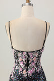 Sparkly Black Pink Flower Bodycon Corset Cocktail Dress with Sequins