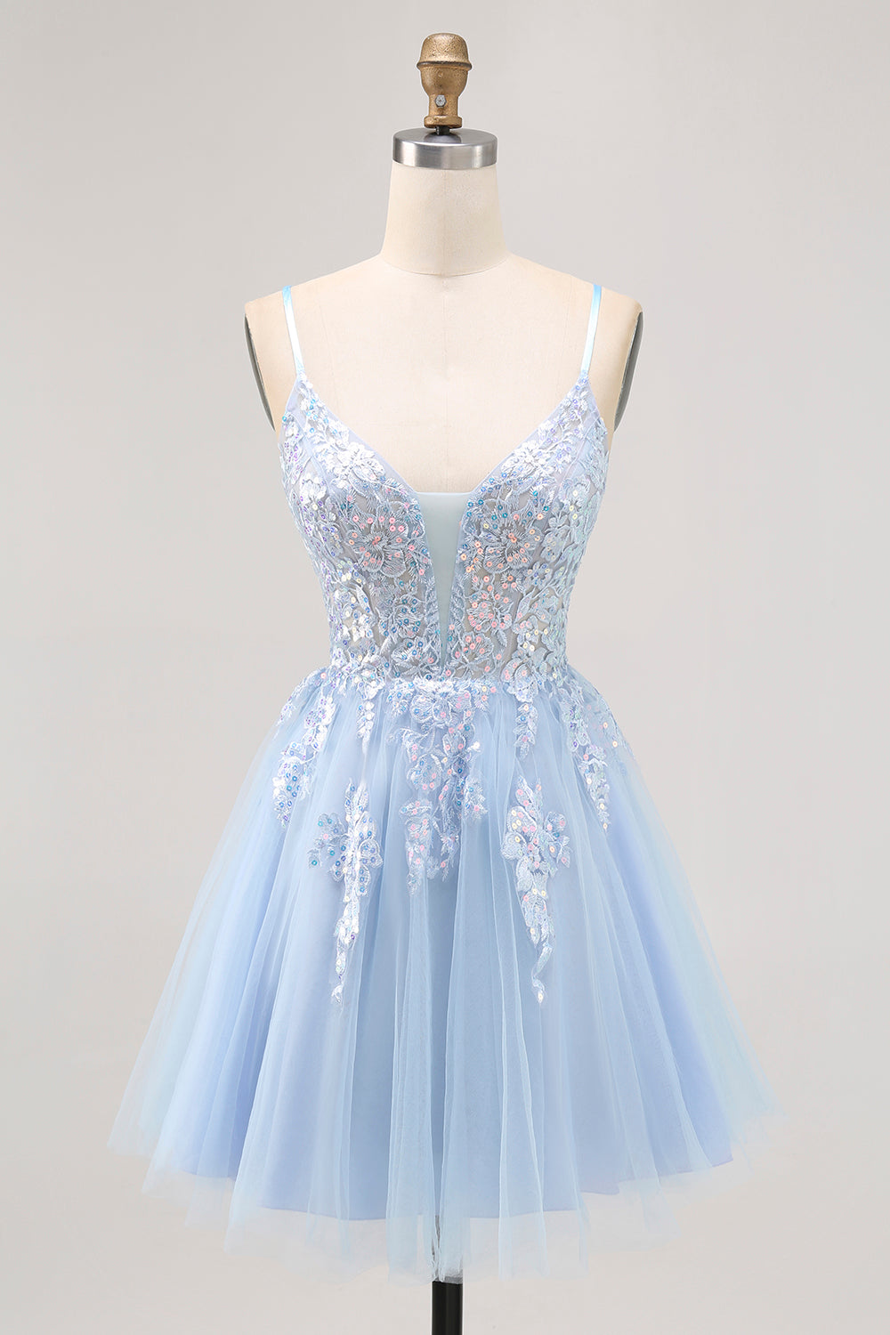 Sparkly Blue A-line Tulle Sequins Short Prom Dress with Lace Up Back