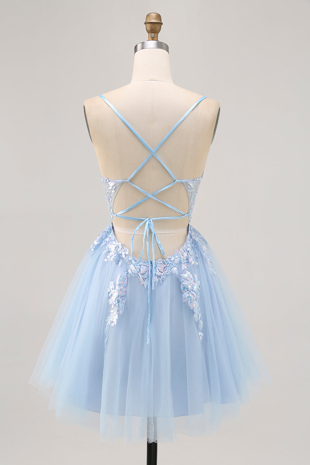 Sparkly Blue A-line Tulle Sequins Short Prom Dress with Lace Up Back