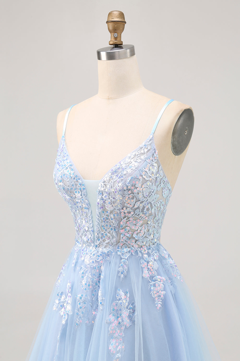 Sparkly Blue A-line Tulle Sequins Short Prom Dress with Lace Up Back