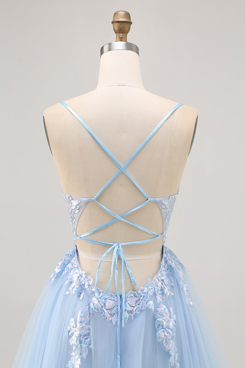 Sparkly Blue A-line Tulle Sequins Short Prom Dress with Lace Up Back