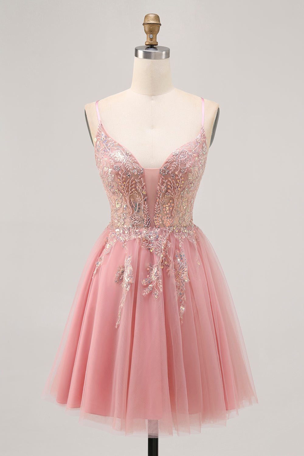 Sparkly Blush A-line Tulle Sequins Short Prom Dress with Lace Up Back