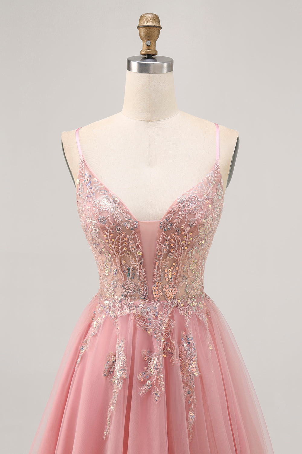 Sparkly Blush A-line Tulle Sequins Short Prom Dress with Lace Up Back