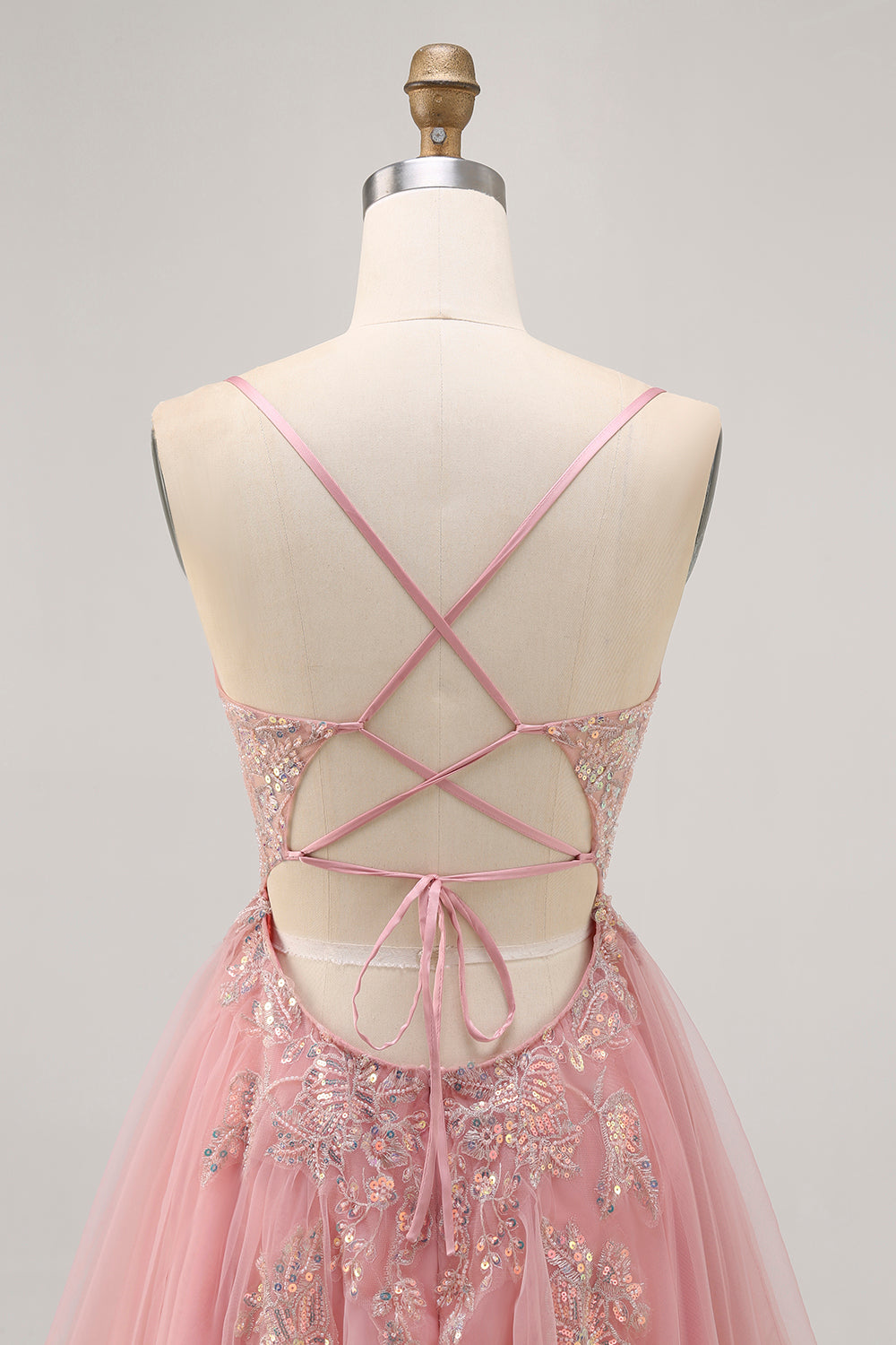Sparkly Blush A-line Tulle Sequins Short Prom Dress with Lace Up Back