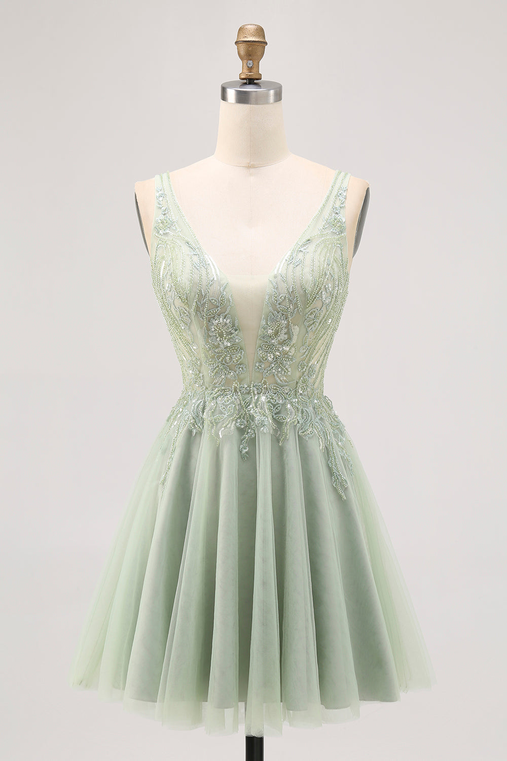 Green A-line Tulle Backless Beaded Short Prom Dress with Sequins