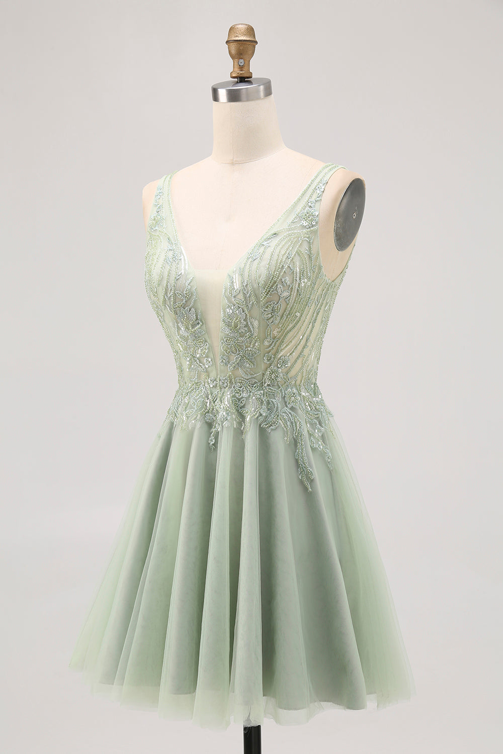 Green A-line Tulle Backless Beaded Short Prom Dress with Sequins