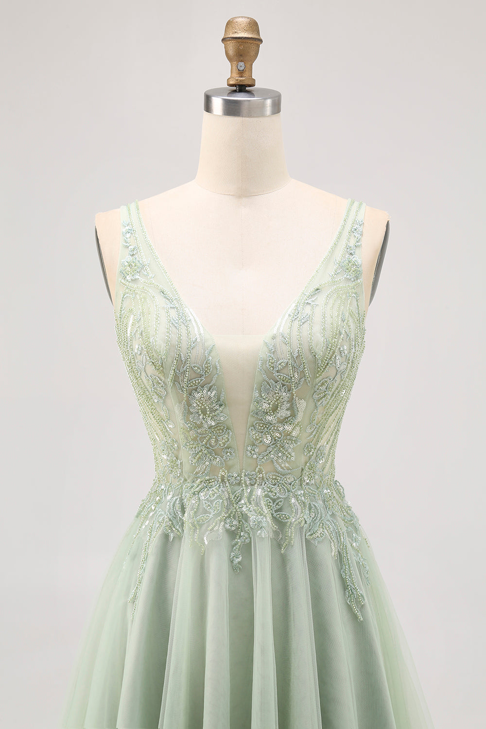 Green A-line Tulle Backless Beaded Short Prom Dress with Sequins