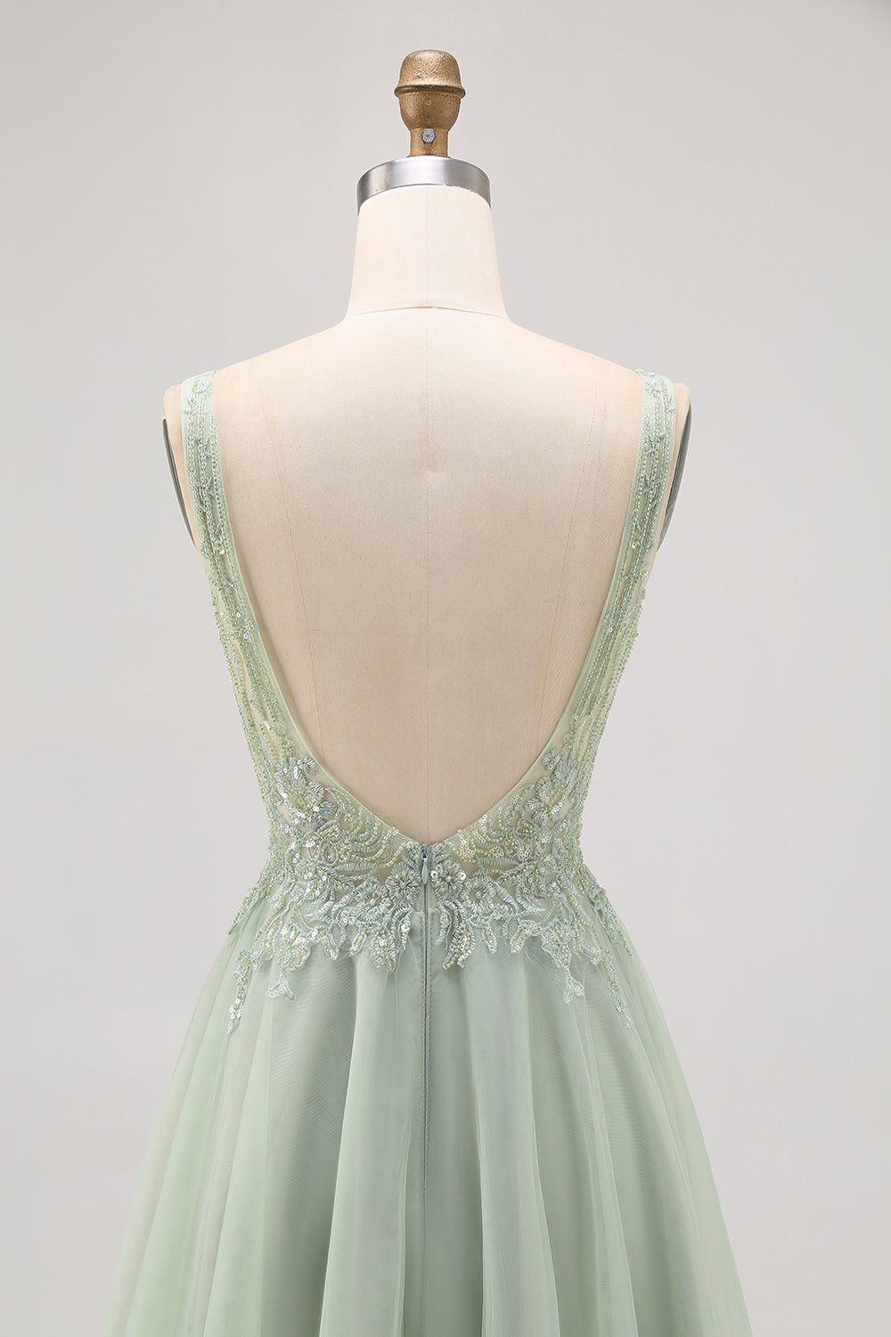 Green A-line Tulle Backless Beaded Short Prom Dress with Sequins