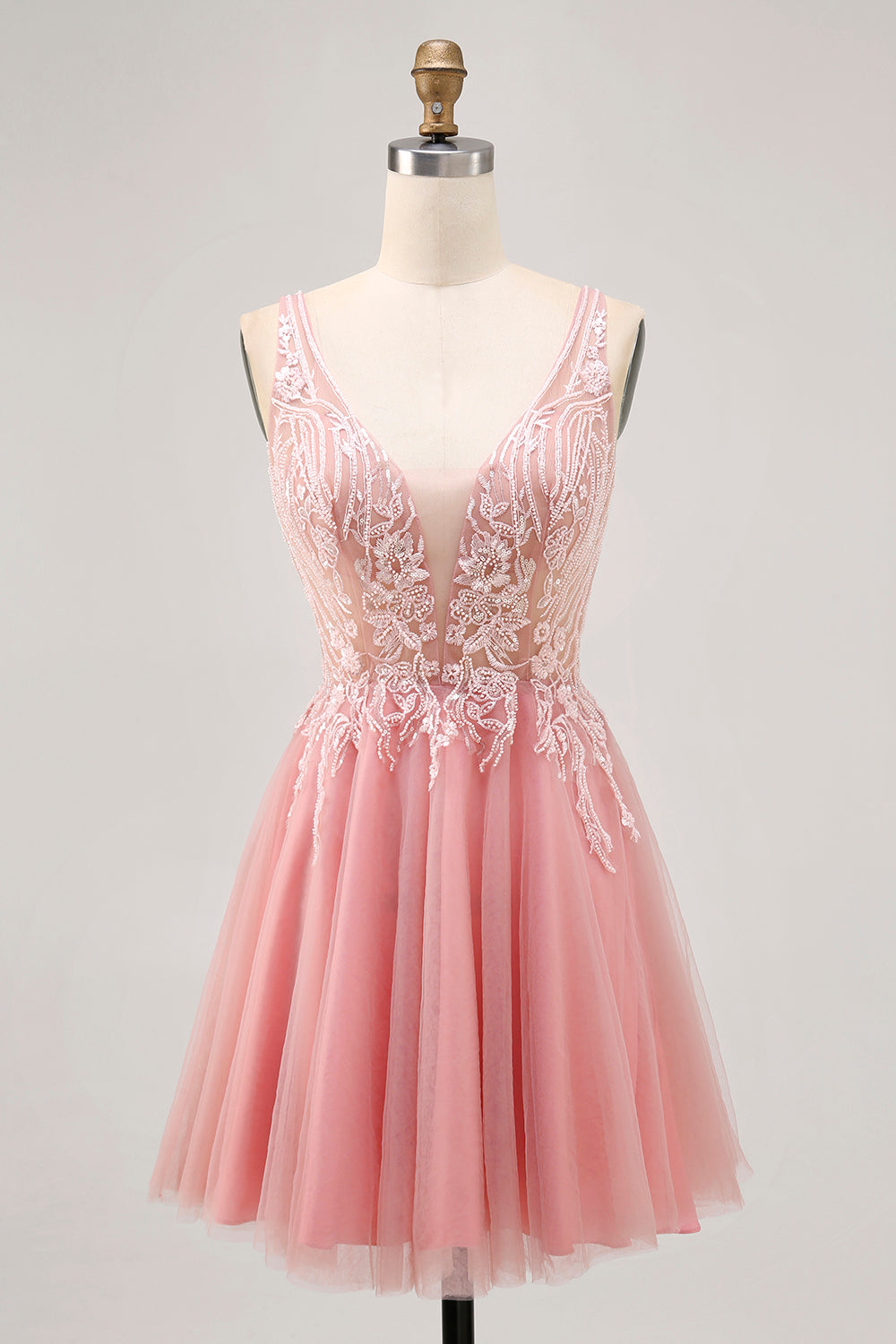 A-line Tulle Blush Sequins Backless Short Prom Dress with Beading