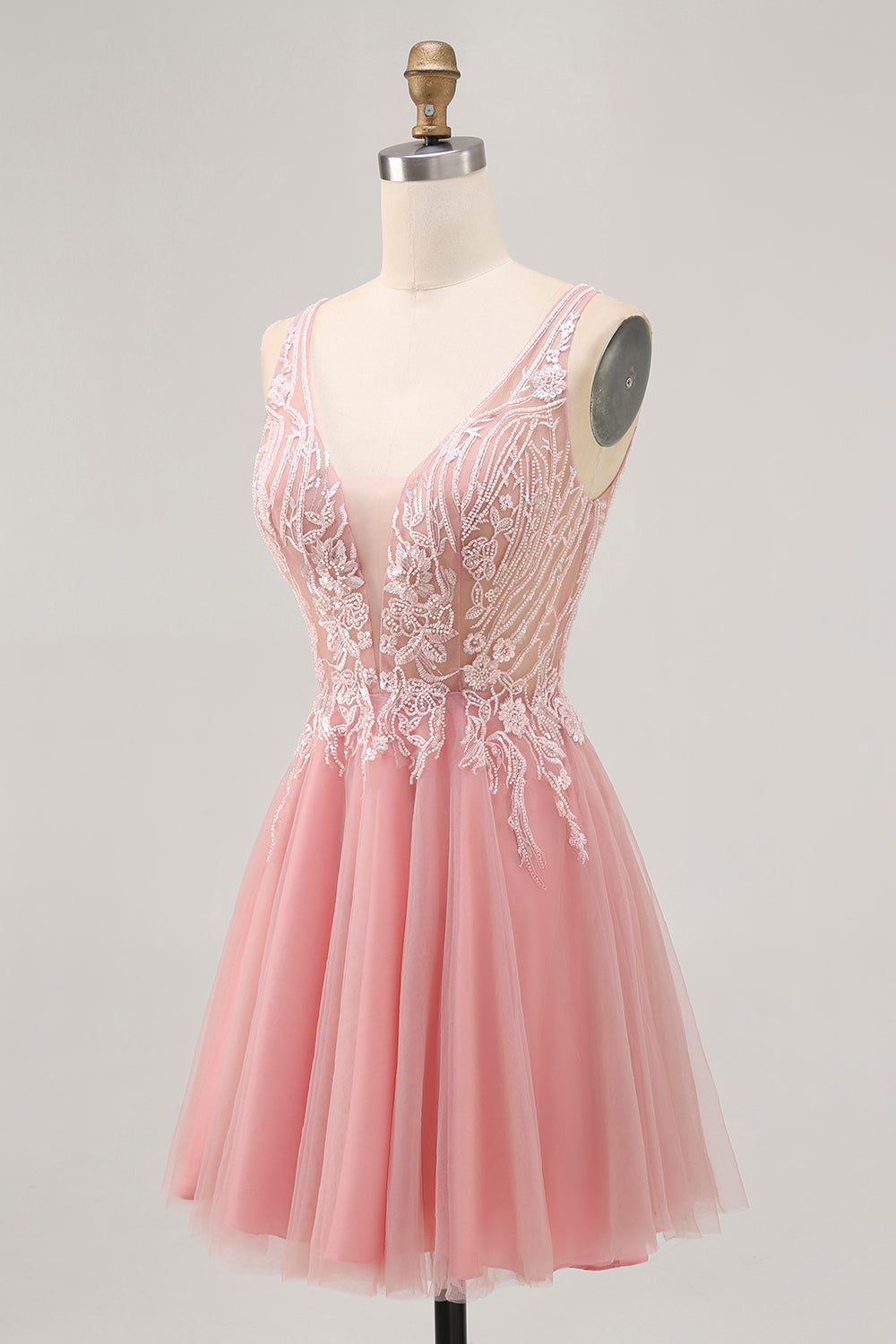 A-line Tulle Blush Sequins Backless Short Prom Dress with Beading