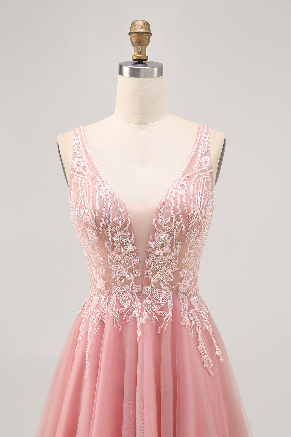 A-line Tulle Blush Sequins Backless Short Prom Dress with Beading
