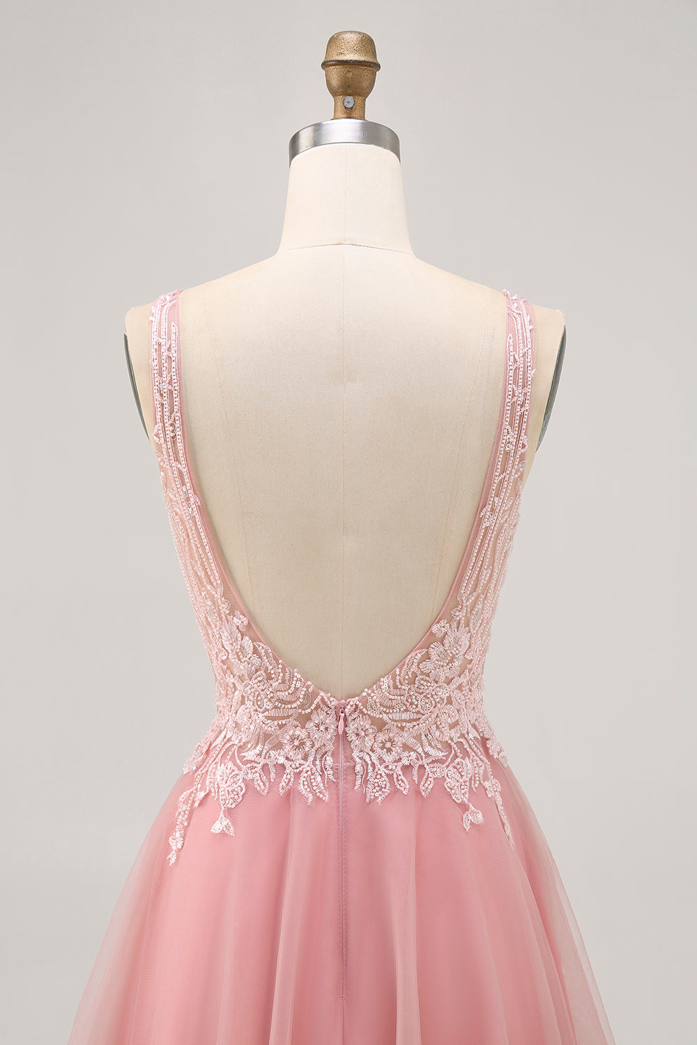 A-line Tulle Blush Sequins Backless Short Prom Dress with Beading