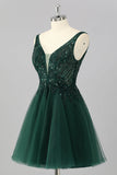 Sparkly Dark Green A Line V-Neck Short Prom Dress