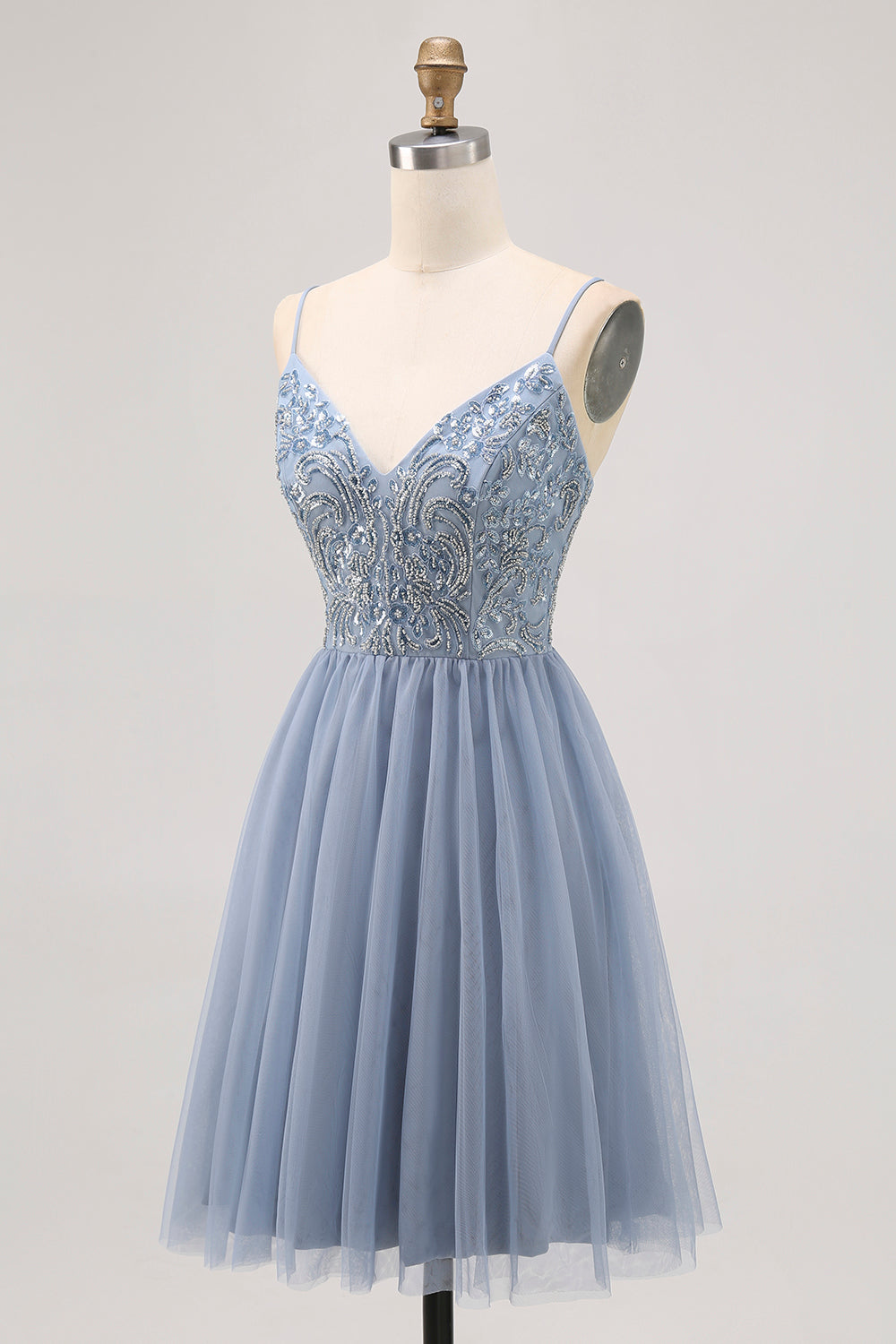 Grey Blue A-line Tulle Short Prom Dress with Beading