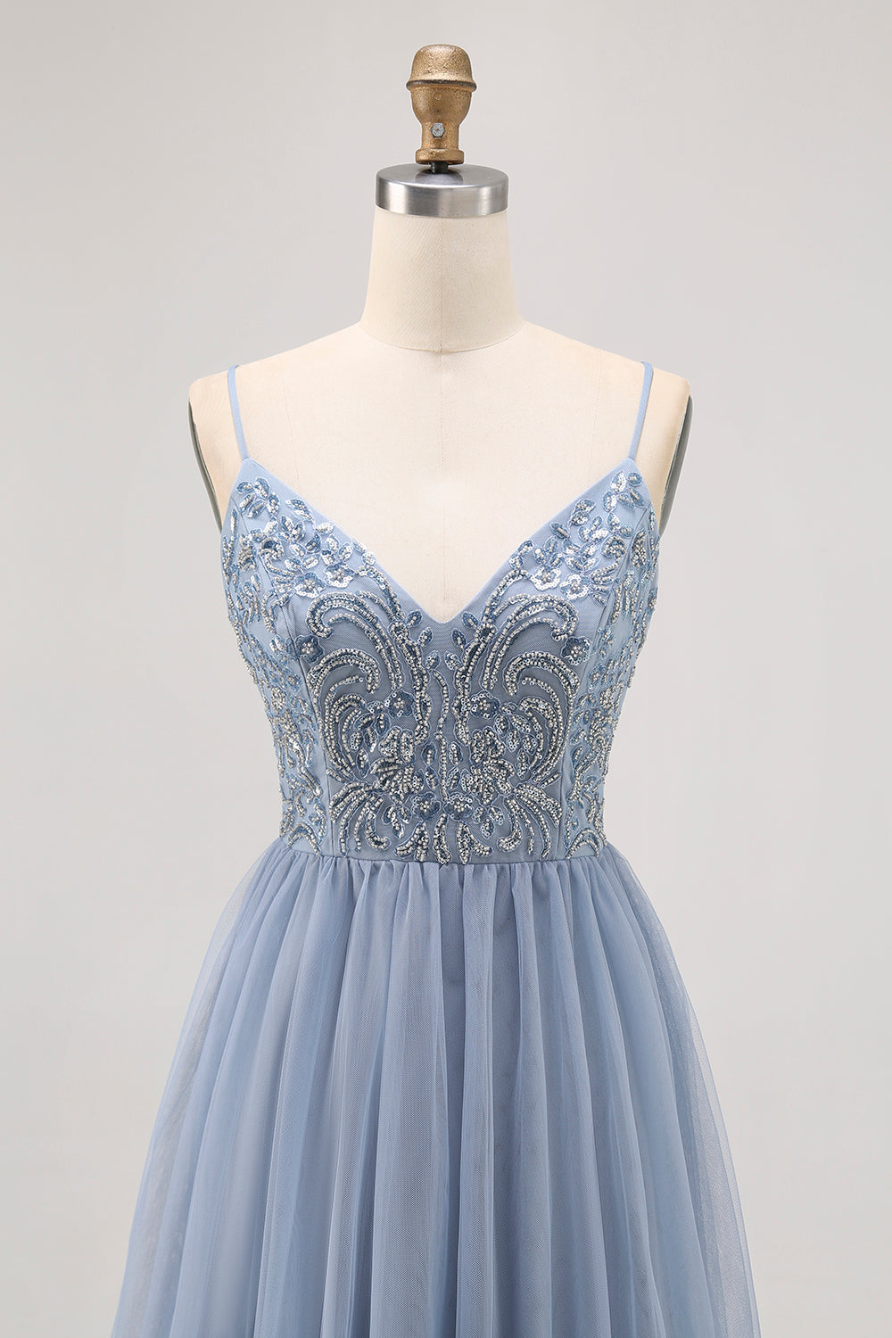 Grey Blue A-line Tulle Short Prom Dress with Beading
