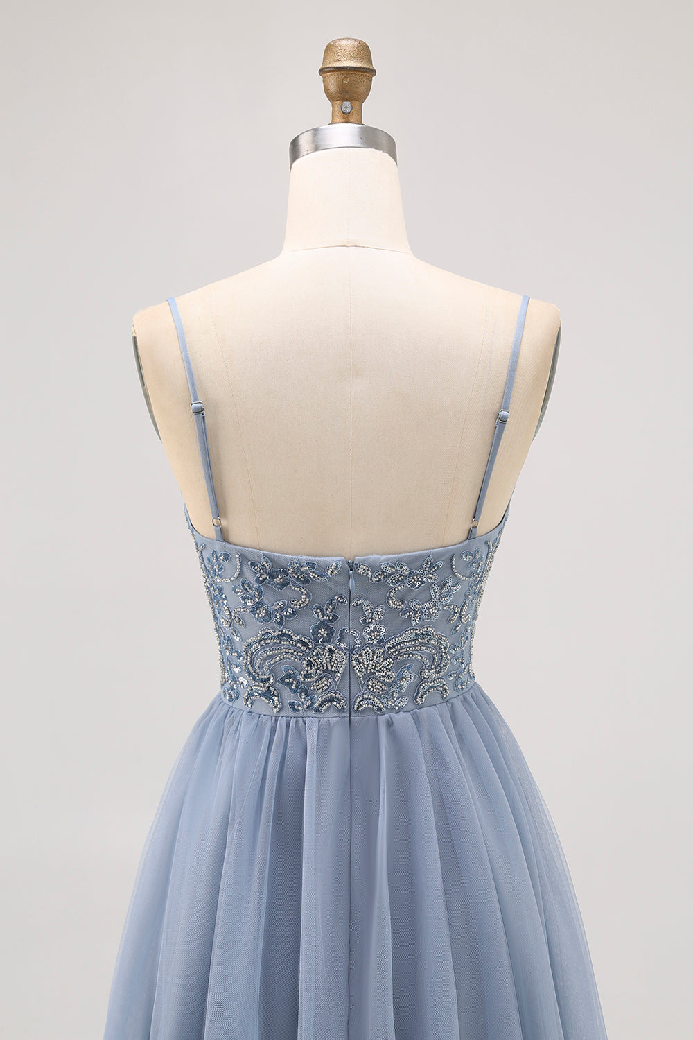Grey Blue A-line Tulle Short Prom Dress with Beading