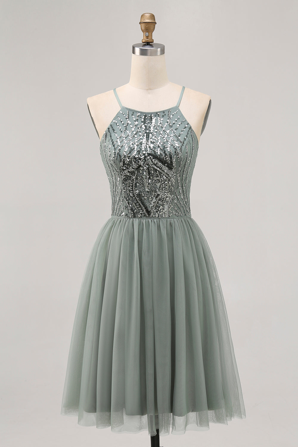 Grey Green A-line Tulle Sequins Short Prom Dress with Sequins