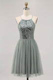 Grey Green A-line Tulle Sequins Short Prom Dress with Sequins