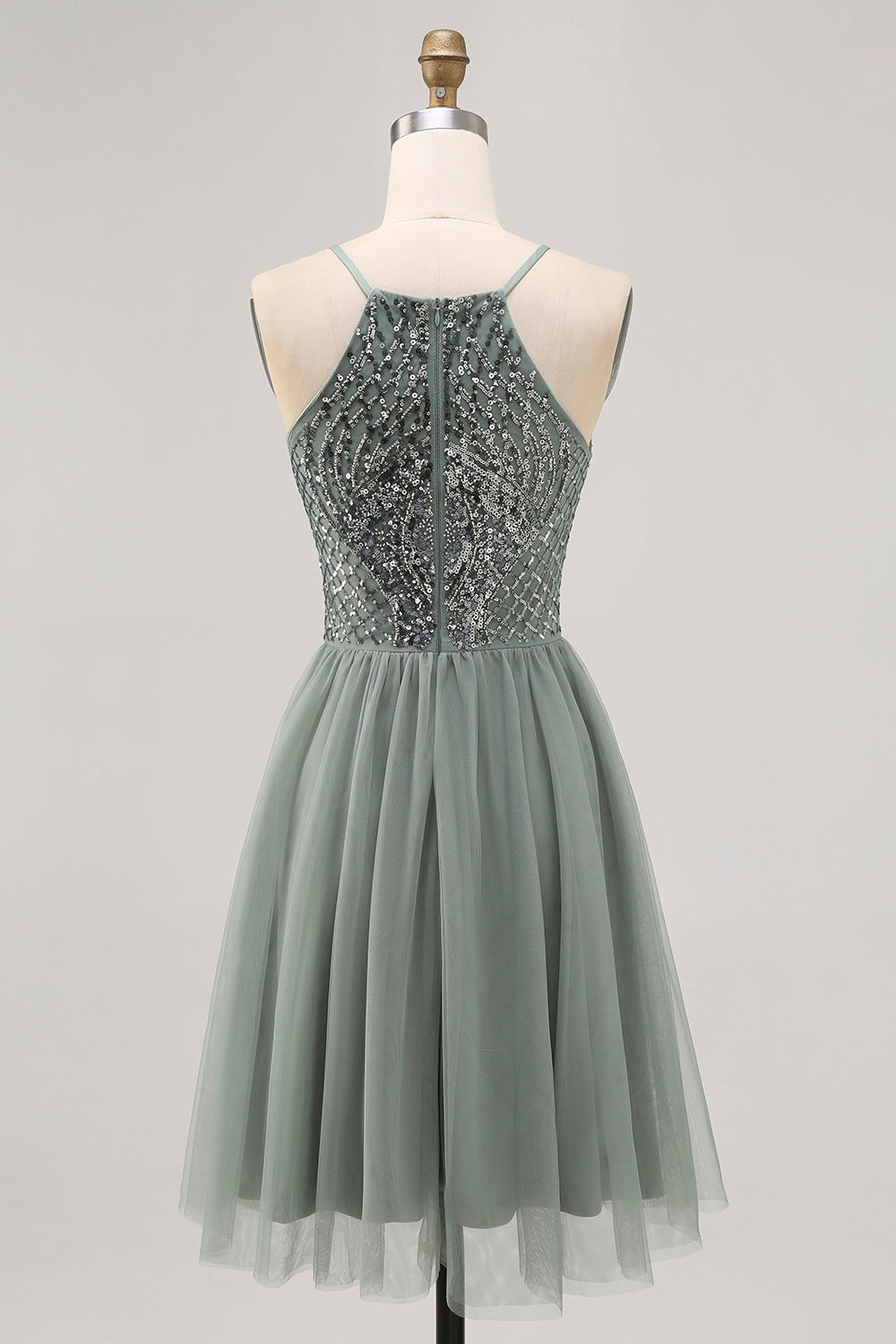 Grey Green A-line Tulle Sequins Short Prom Dress with Sequins