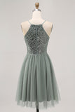 Grey Green A-line Tulle Sequins Short Prom Dress with Sequins