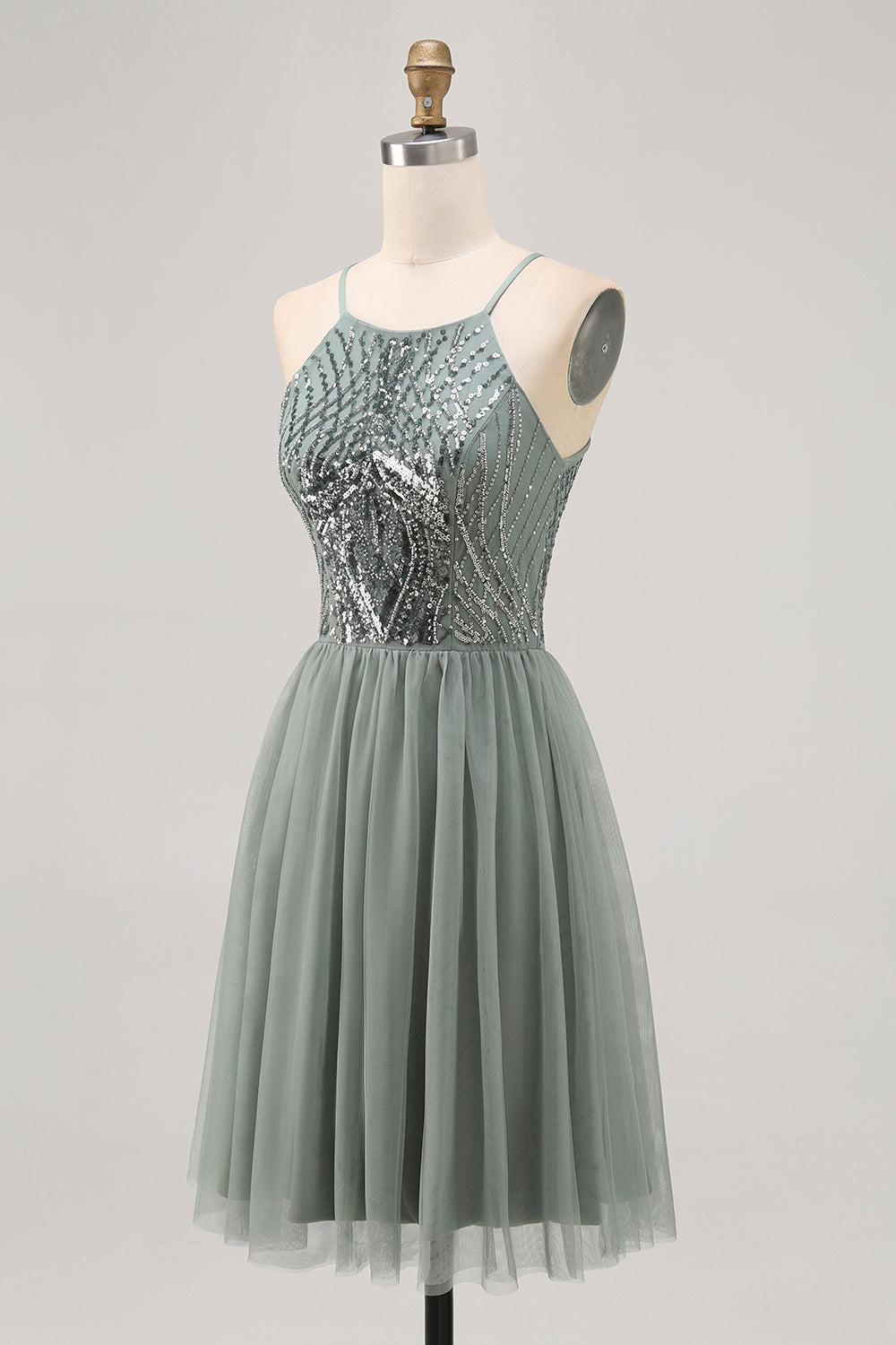 Grey Green A-line Tulle Sequins Short Prom Dress with Sequins
