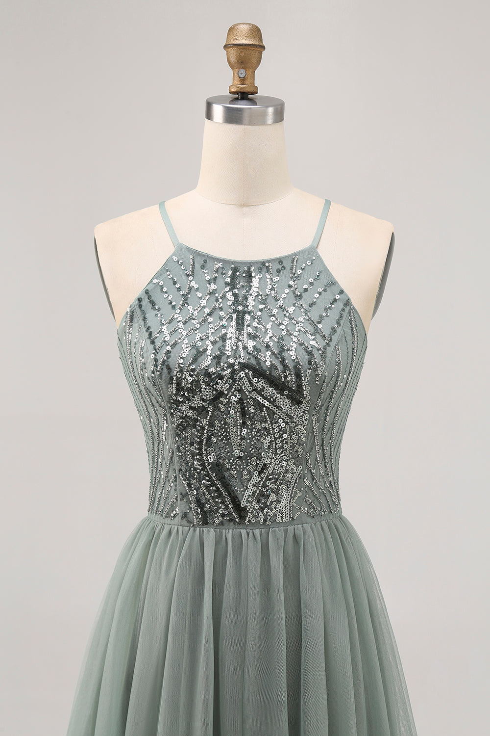 Grey Green A-line Tulle Sequins Short Prom Dress with Sequins