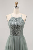 Grey Green A-line Tulle Sequins Short Prom Dress with Sequins
