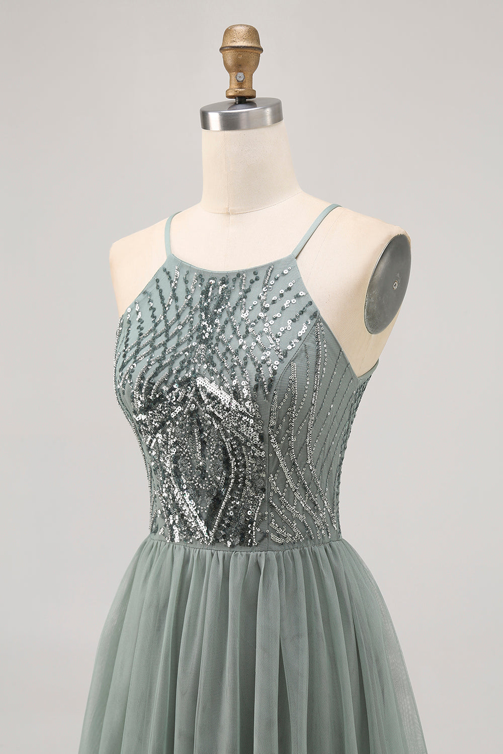 Grey Green A-line Tulle Sequins Short Prom Dress with Sequins