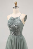 Grey Green A-line Tulle Sequins Short Prom Dress with Sequins